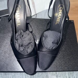 CHANEL Black Satin Slingback Heels